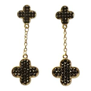 Gold and Black Quatrefoil Dangle Earrings with Pavé Stones